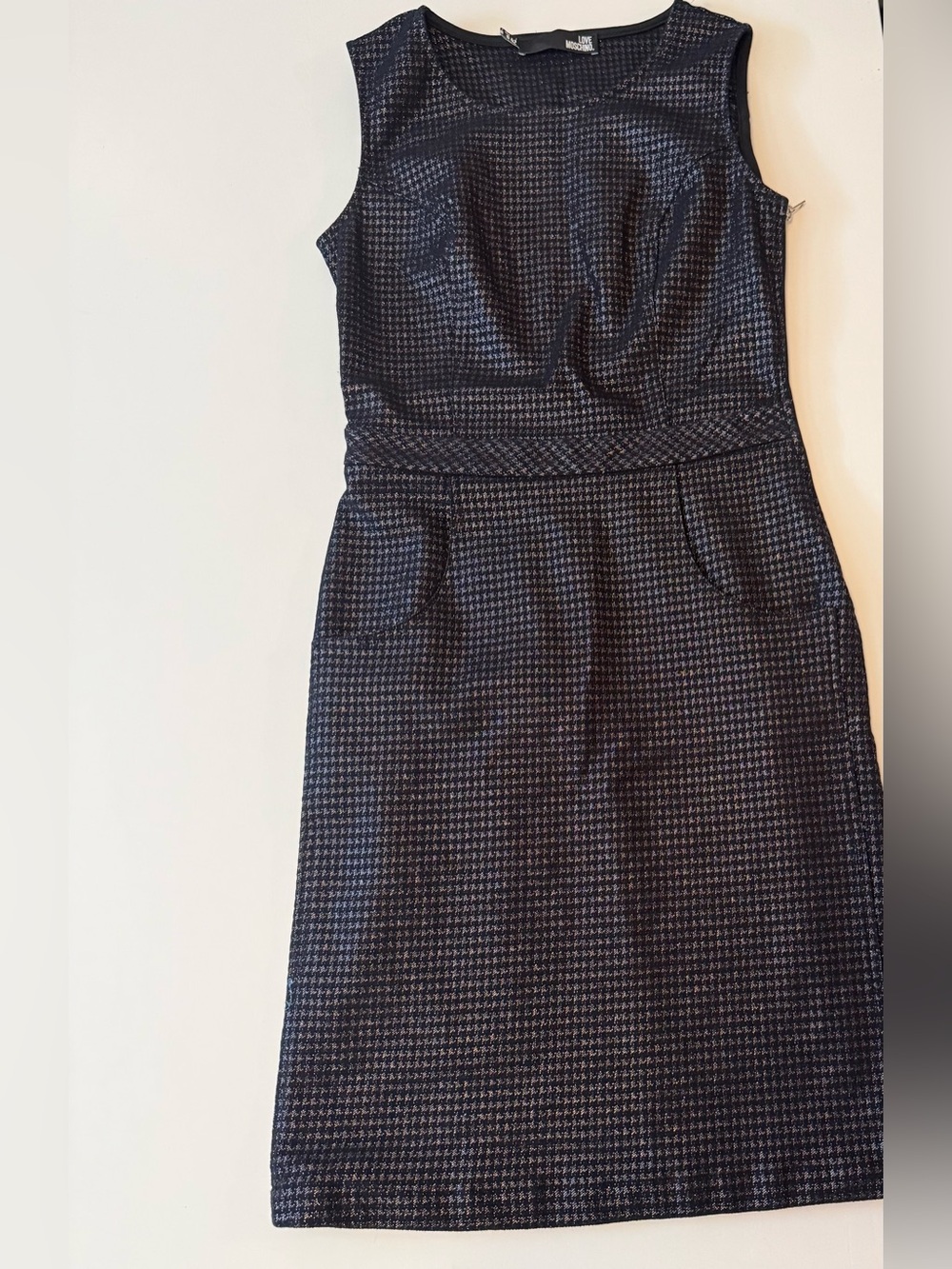 Love Moschino Navy and Black Houndstooth Sleeveless Midi Dress